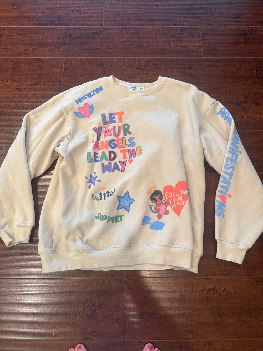 Mayfair Angels All Around You Crewneck in Cream Sweatshirt, Size S/M, Like New!